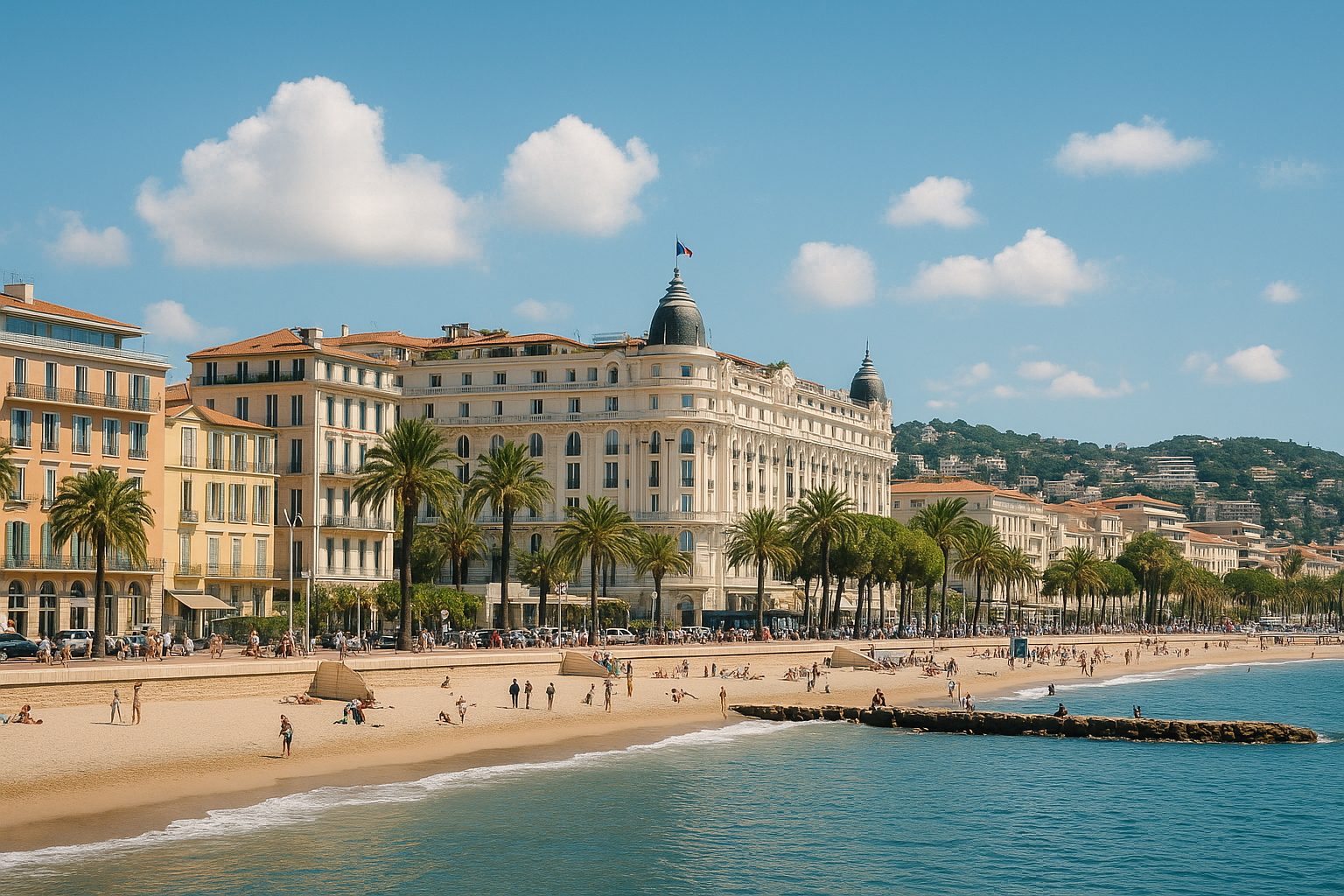 a beach with a large building and palm trees