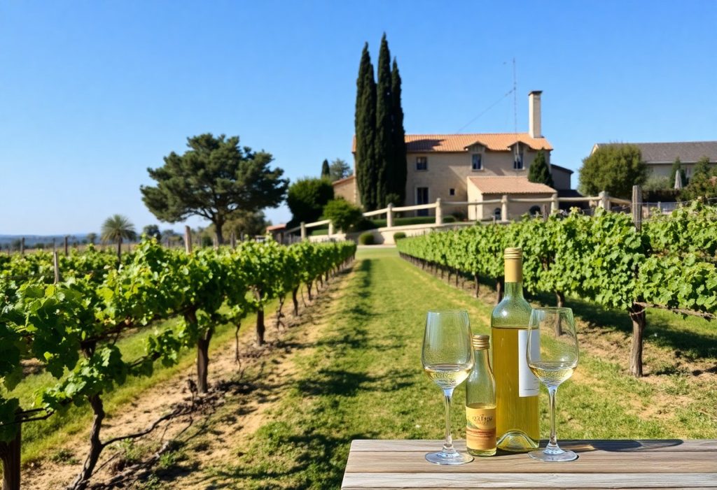a wine bottles and glasses on a table in front of a vineyard
