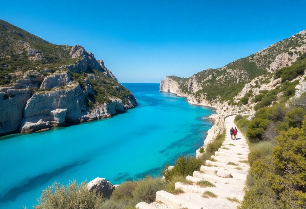a group of people walking on a path by a river