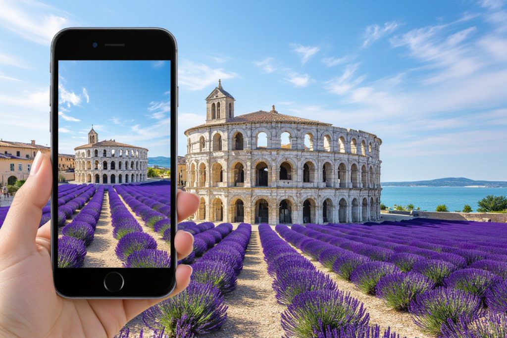 a cellphone taking a picture of a lavender field