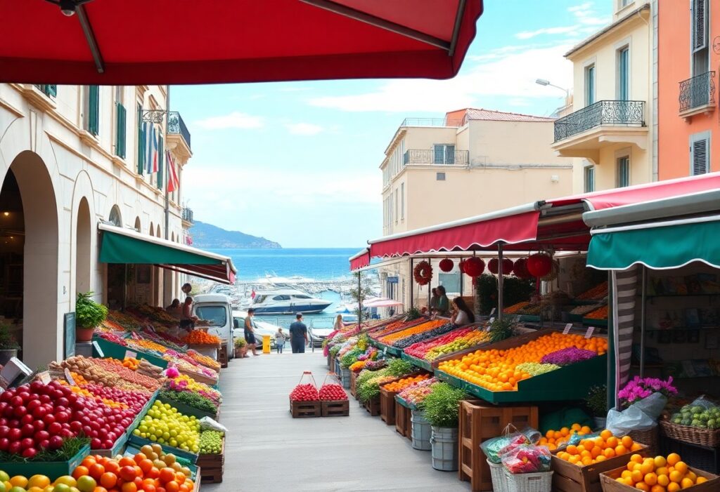 a fruit stand with many boxes of fruits