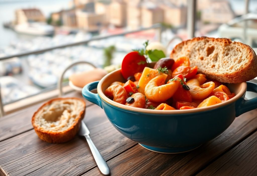 a bowl of pasta and bread