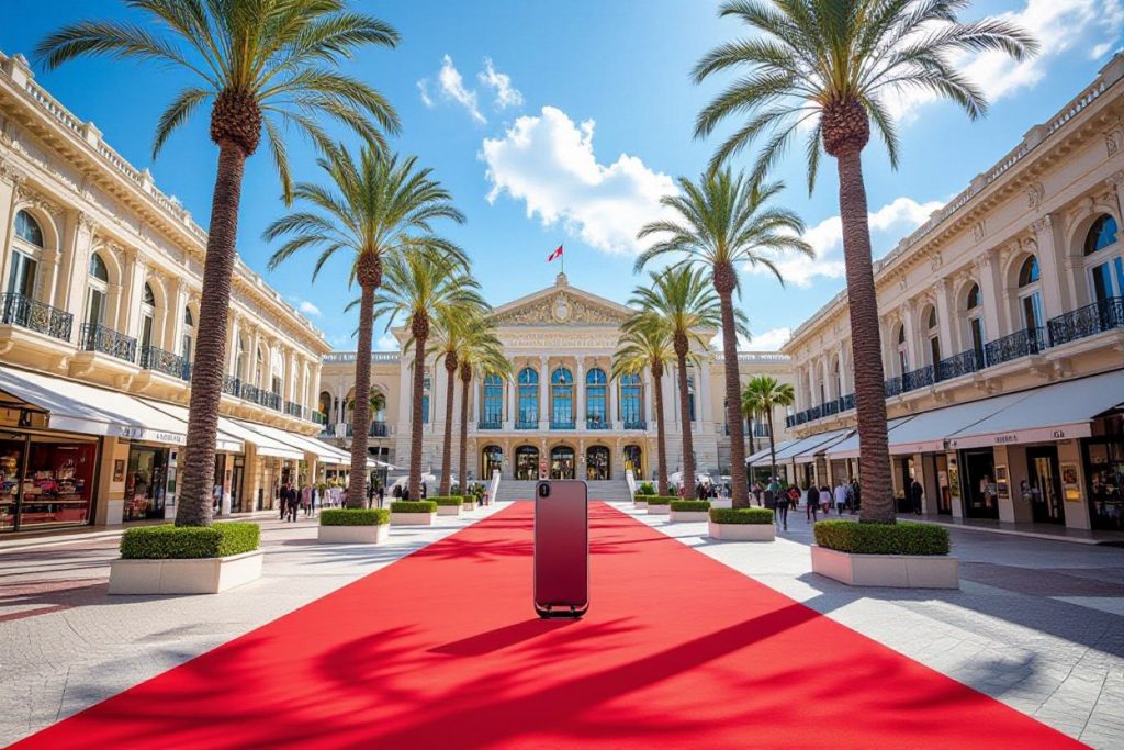 a red carpet with palm trees in front of a building